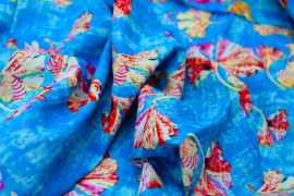 Tissu Voile Coton Viscose Imprimé Fleur Champy Bleu -Au Mètre