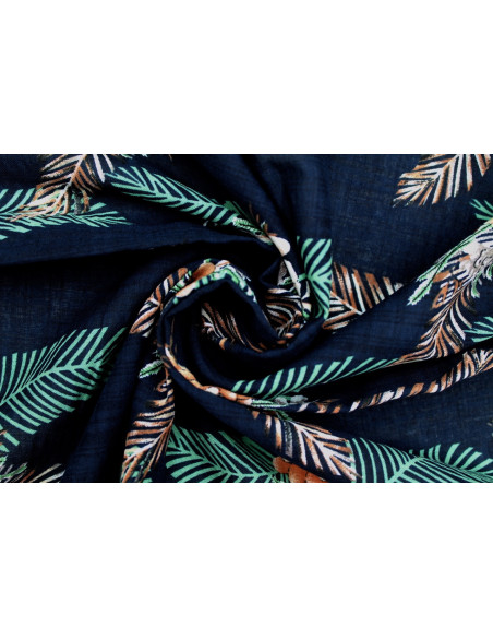 Tissu Voile Coton Viscose Imprimé Fleur Palmo Marine -Au Mètre