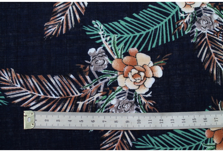 Tissu Voile Coton Viscose Imprimé Fleur Palmo Marine -Au Mètre