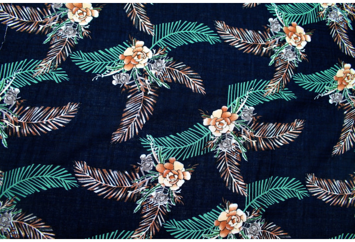 Tissu Voile Coton Viscose Imprimé Fleur Palmo Marine -Au Mètre