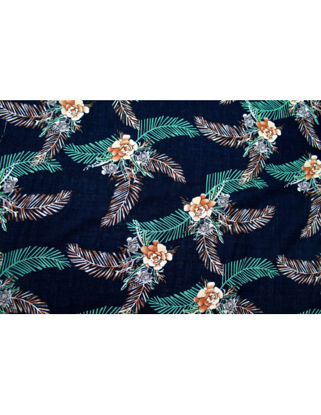 Tissu Voile Coton Viscose Imprimé Fleur Palmo Marine -Au Mètre