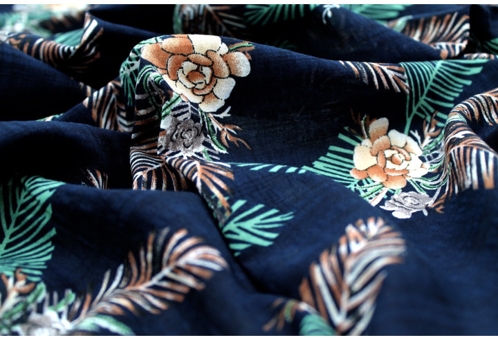 Tissu Voile Coton Viscose Imprimé Fleur Palmo Marine -Au Mètre