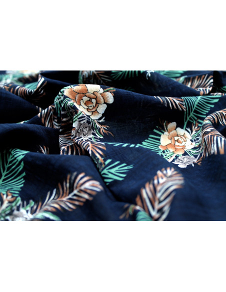 Tissu Voile Coton Viscose Imprimé Fleur Palmo Marine -Au Mètre