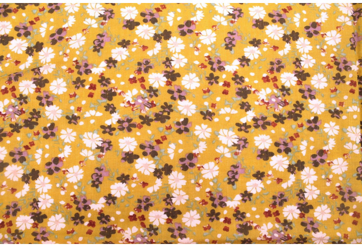 Tissu Voile Coton Viscose Imprimé Fleur Libra Moutarde -Au Mètre