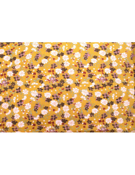 Tissu Voile Coton Viscose Imprimé Fleur Libra Moutarde -Au Mètre