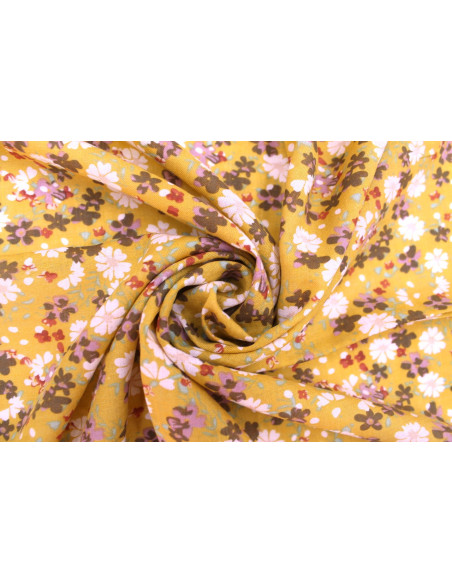 Tissu Voile Coton Viscose Imprimé Fleur Libra Moutarde -Au Mètre
