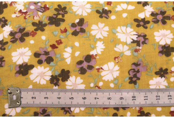 Tissu Voile Coton Viscose Imprimé Fleur Libra Moutarde -Au Mètre