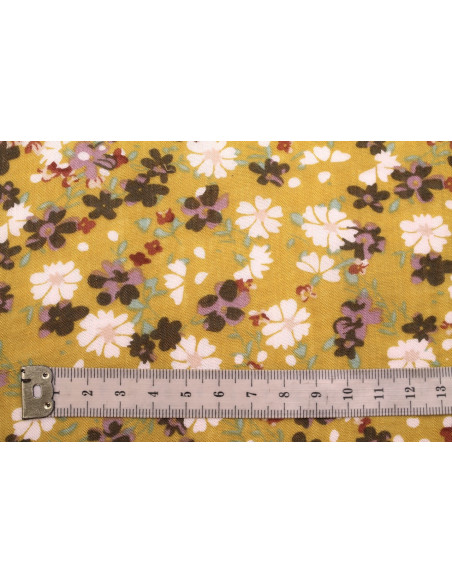 Tissu Voile Coton Viscose Imprimé Fleur Libra Moutarde -Au Mètre