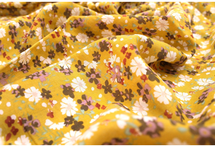 Tissu Voile Coton Viscose Imprimé Fleur Libra Moutarde -Au Mètre