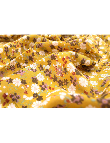 Tissu Voile Coton Viscose Imprimé Fleur Libra Moutarde -Au Mètre