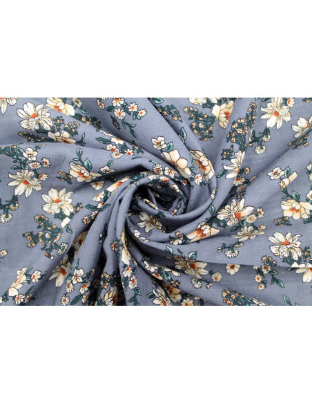 Tissu Voile Coton Viscose Imprimé Fleur Prigat Gris -Au Mètre