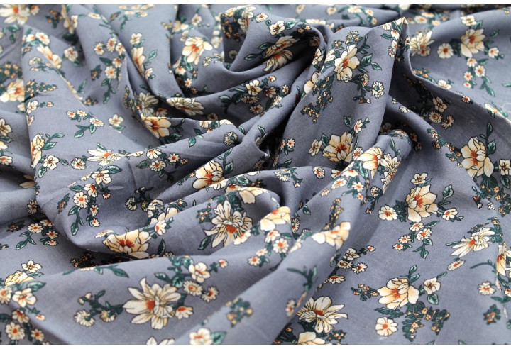 Tissu Voile Coton Viscose Imprimé Fleur Prigat Gris -Au Mètre