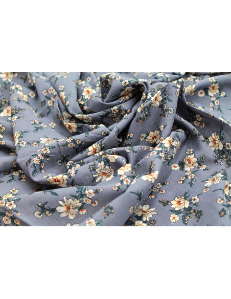Tissu Voile Coton Viscose Imprimé Fleur Prigat Gris -Au Mètre