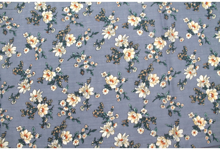 Tissu Voile Coton Viscose Imprimé Fleur Prigat Gris -Au Mètre
