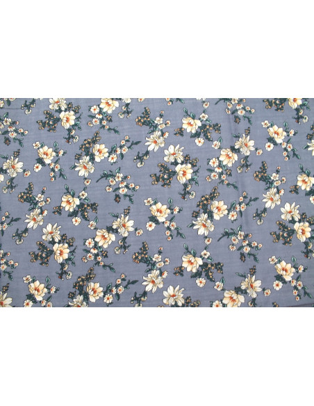 Tissu Voile Coton Viscose Imprimé Fleur Prigat Gris -Au Mètre