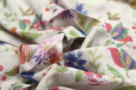 Tissu Voile Coton Viscose Imprimé Fleur Prairie Gris -Au Mètre