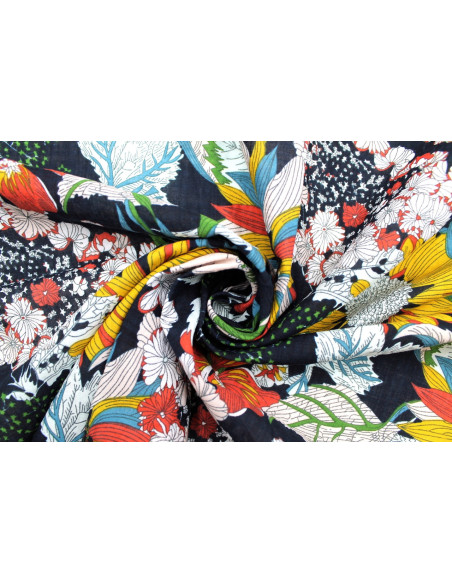 Tissu Voile Coton Viscose Imprimé Fleur Azuria Marine -Au Mètre