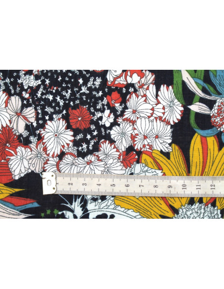 Tissu Voile Coton Viscose Imprimé Fleur Azuria Marine -Au Mètre