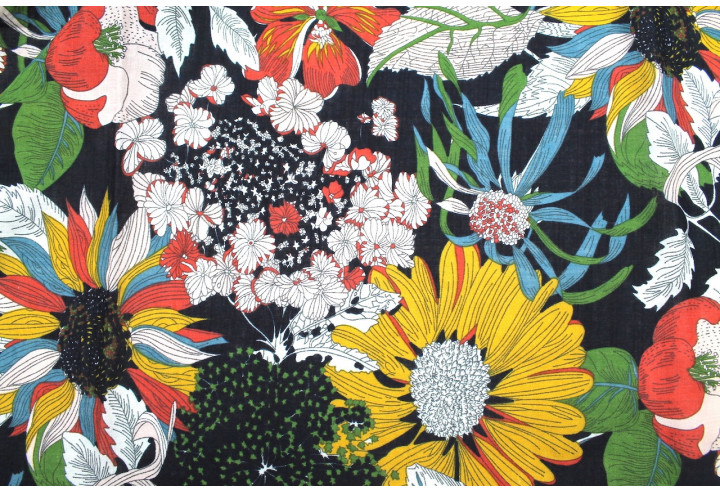 Tissu Voile Coton Viscose Imprimé Fleur Azuria Marine -Au Mètre