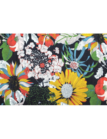 Tissu Voile Coton Viscose Imprimé Fleur Azuria Marine -Au Mètre