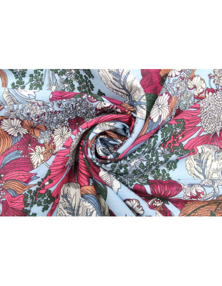 Tissu Voile Coton Viscose Imprimé Fleur Azuria Ciel -Au Mètre