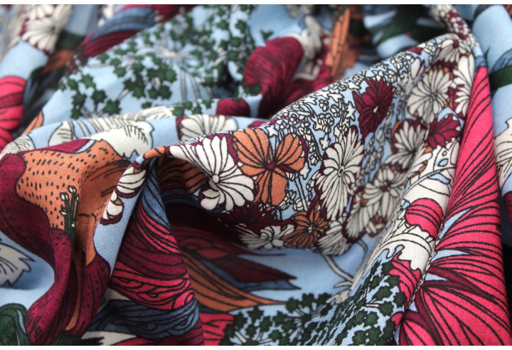 Tissu Voile Coton Viscose Imprimé Fleur Azuria Ciel -Au Mètre