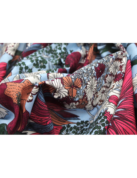 Tissu Voile Coton Viscose Imprimé Fleur Azuria Ciel -Au Mètre