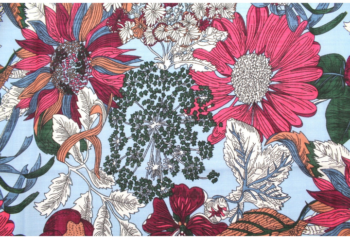 Tissu Voile Coton Viscose Imprimé Fleur Azuria Ciel -Au Mètre