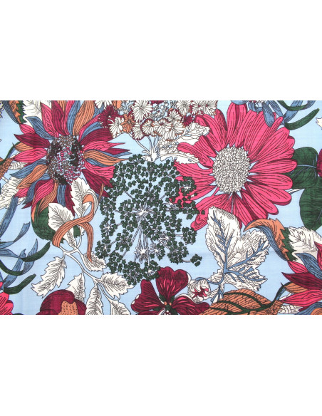 Tissu Voile Coton Viscose Imprimé Fleur Azuria Ciel -Au Mètre