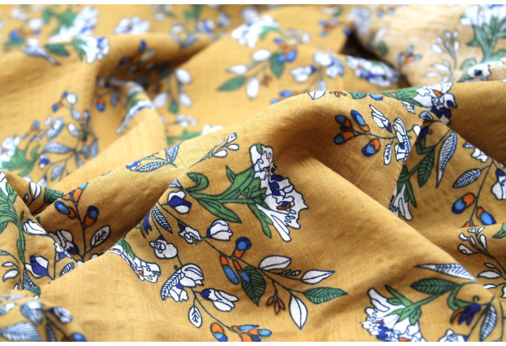 Tissu Voile Coton Viscose Imprimé Fleur Grany Camel -Au Mètre