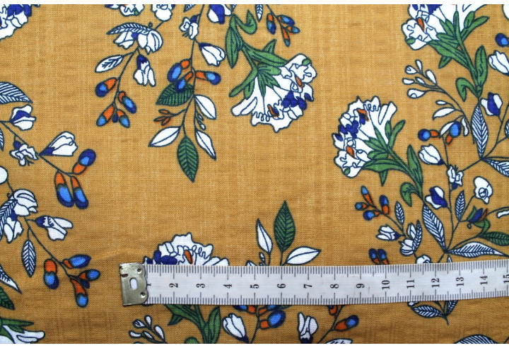 Tissu Voile Coton Viscose Imprimé Fleur Grany Camel -Au Mètre