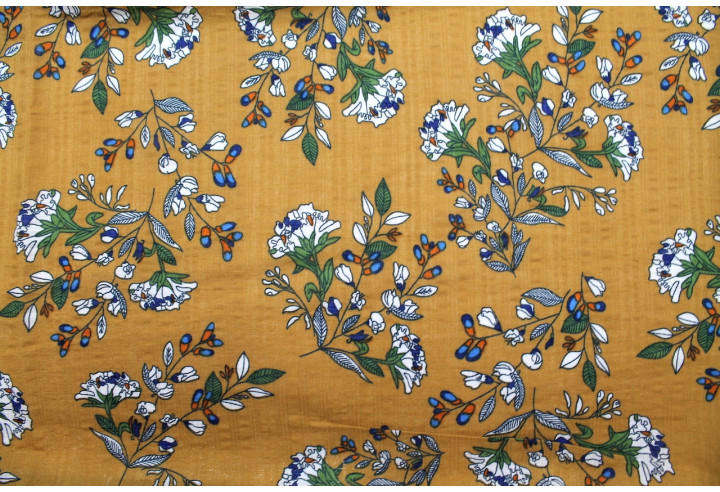 Tissu Voile Coton Viscose Imprimé Fleur Grany Camel -Au Mètre