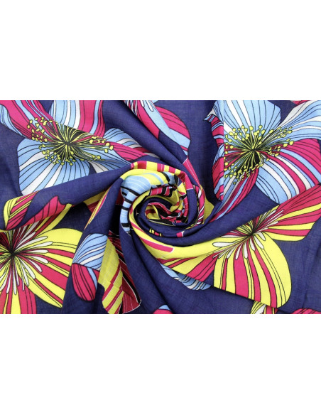 Tissu Voile Coton Viscose Imprimé Fleur Giant Marine -Au Mètre
