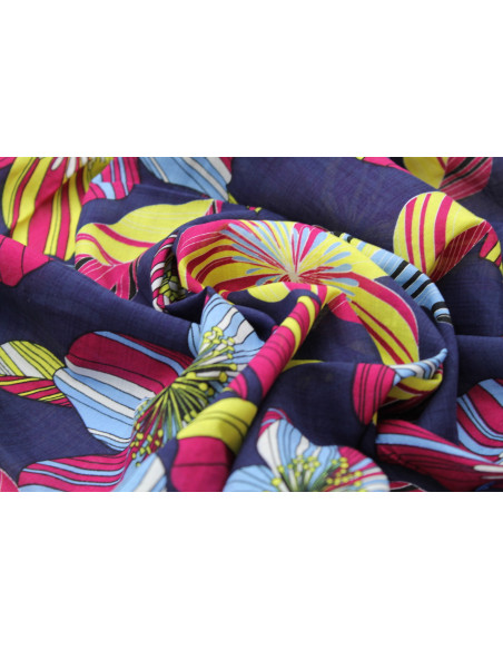 Tissu Voile Coton Viscose Imprimé Fleur Giant Marine -Au Mètre