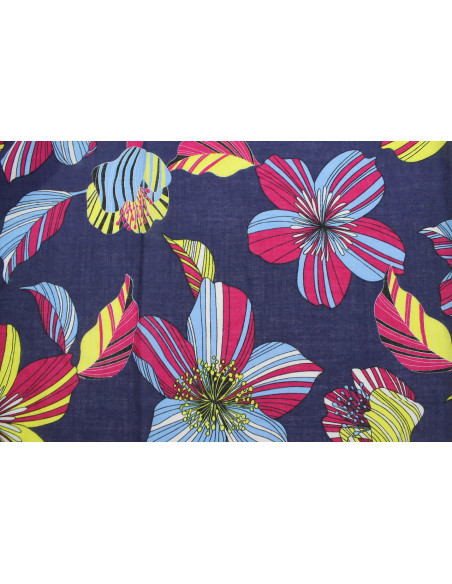 Tissu Voile Coton Viscose Imprimé Fleur Giant Marine -Au Mètre
