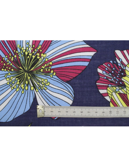 Tissu Voile Coton Viscose Imprimé Fleur Giant Marine -Au Mètre