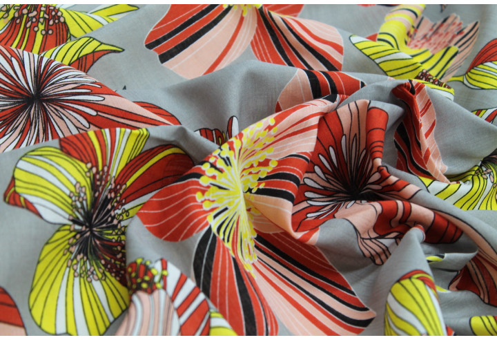 Tissu Voile Coton Viscose Imprimé Fleur Giant Gris -Au Mètre