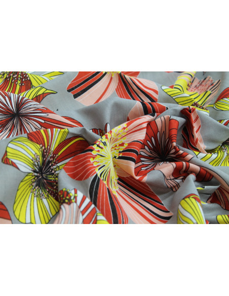 Tissu Voile Coton Viscose Imprimé Fleur Giant Gris -Au Mètre