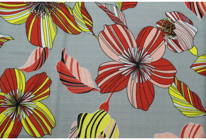 Tissu Voile Coton Viscose Imprimé Fleur Giant Gris -Au Mètre