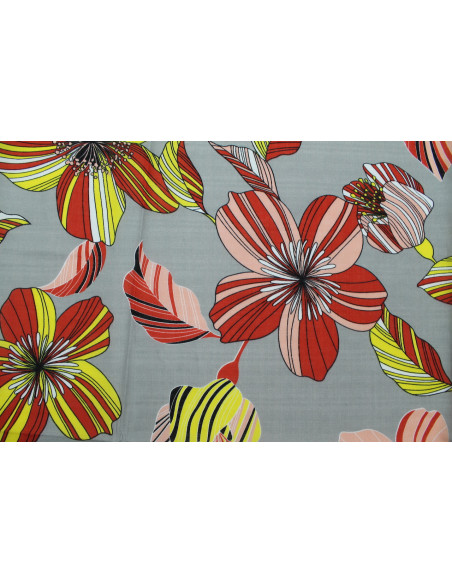 Tissu Voile Coton Viscose Imprimé Fleur Giant Gris -Au Mètre
