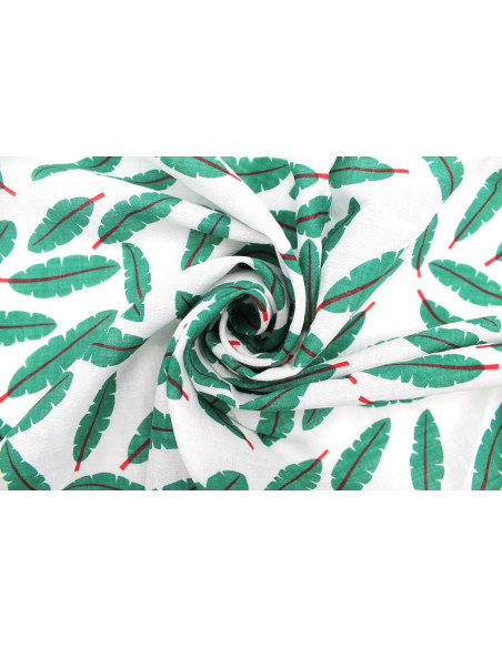 Tissu Voile Coton Viscose Imprimé Fond Blanc Plume Vert -Au Mètre