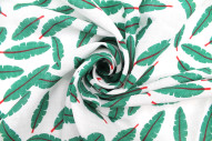 Tissu Voile Coton Viscose Imprimé Fond Blanc Plume Vert -Au Mètre