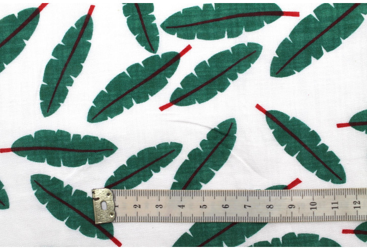 Tissu Voile Coton Viscose Imprimé Fond Blanc Plume Vert -Au Mètre
