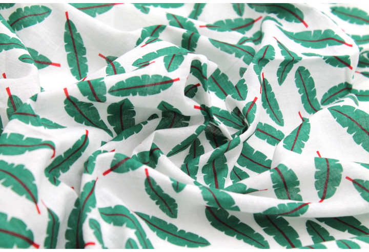 Tissu Voile Coton Viscose Imprimé Fond Blanc Plume Vert -Au Mètre