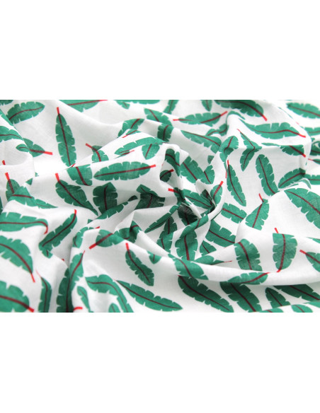 Tissu Voile Coton Viscose Imprimé Fond Blanc Plume Vert -Au Mètre