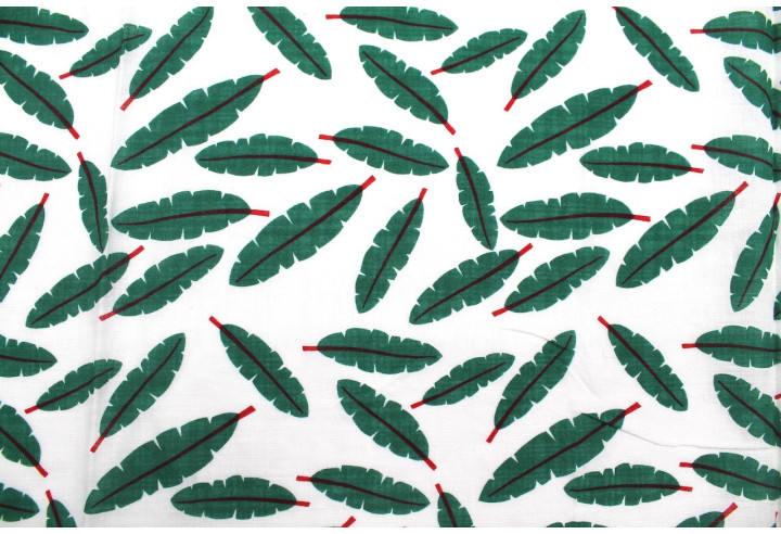 Tissu Voile Coton Viscose Imprimé Fond Blanc Plume Vert -Au Mètre