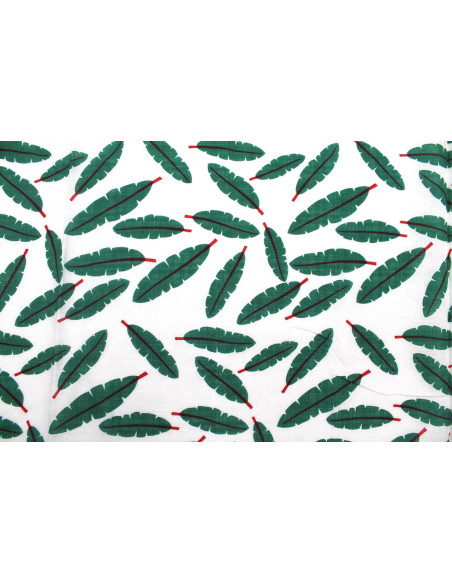 Tissu Voile Coton Viscose Imprimé Fond Blanc Plume Vert -Au Mètre