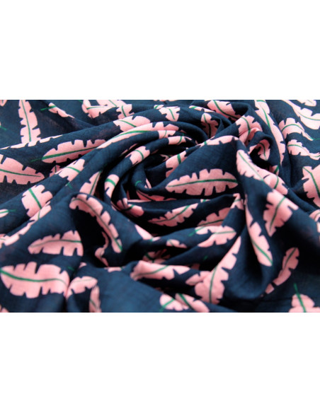 Tissu Voile Coton Viscose Imprimé Fond Marine Plume Rose -Au Mètre