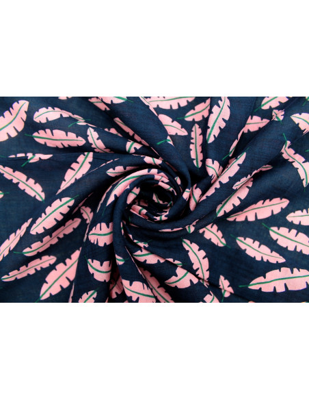 Tissu Voile Coton Viscose Imprimé Fond Marine Plume Rose -Au Mètre