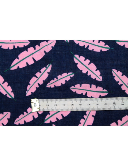 Tissu Voile Coton Viscose Imprimé Fond Marine Plume Rose -Au Mètre